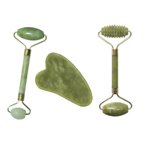 Jade roller 1 db és jade masszírozó roller 1db + Gua Sha szív alakú arc-, testmasszázs és nyirokmasszázs